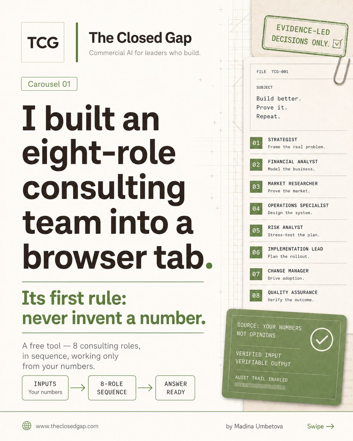 I built an eight-role consulting team into a browser tab. Its first rule: never invent a number. A free tool, 8 consulting roles in sequence, working only from your numbers.