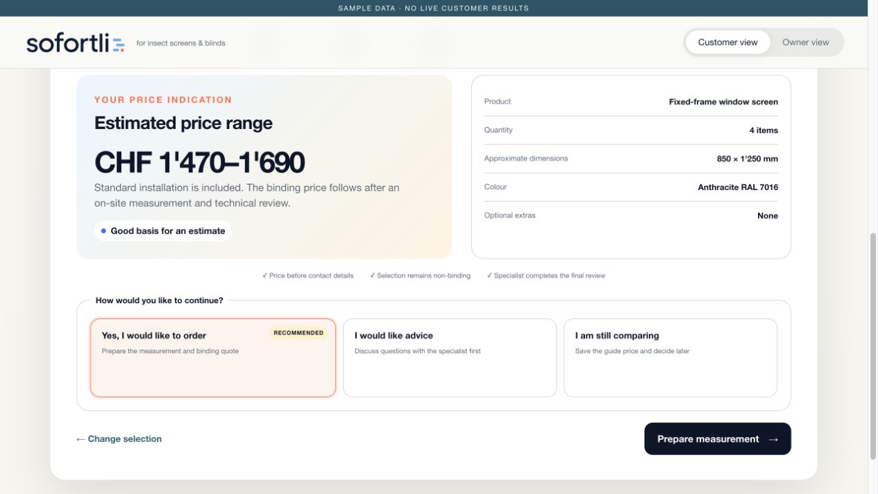 Sofortli sample customer screen showing an estimated price range of CHF 1'470 to CHF 1'690 before contact details, product details and three choices for the next step.