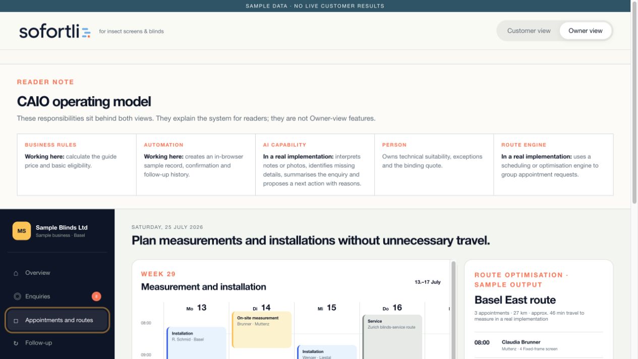 Sofortli sample owner screen with a CAIO operating-model note, a measurement and installation schedule, and a Basel East route proposal for three appointments.