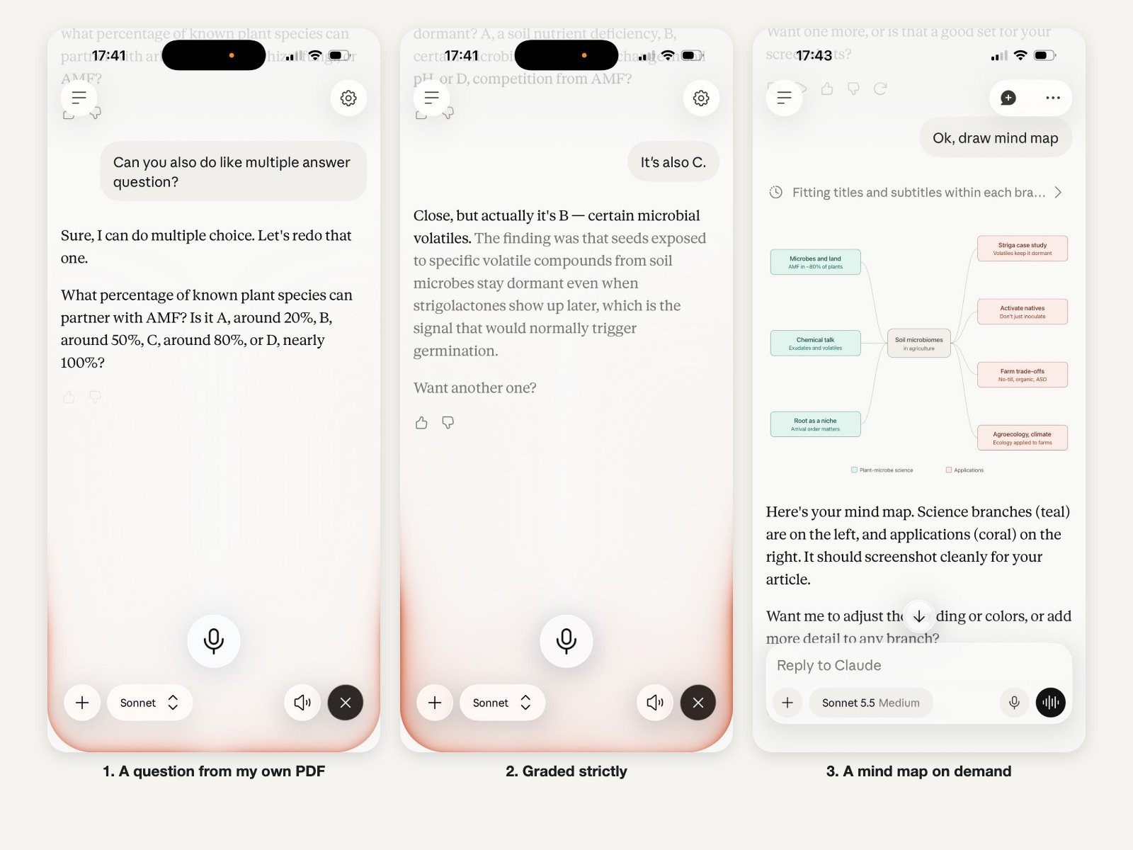 The study quiz in the Claude app on a phone: a question from my own PDF, graded strictly, and a mind map on demand.