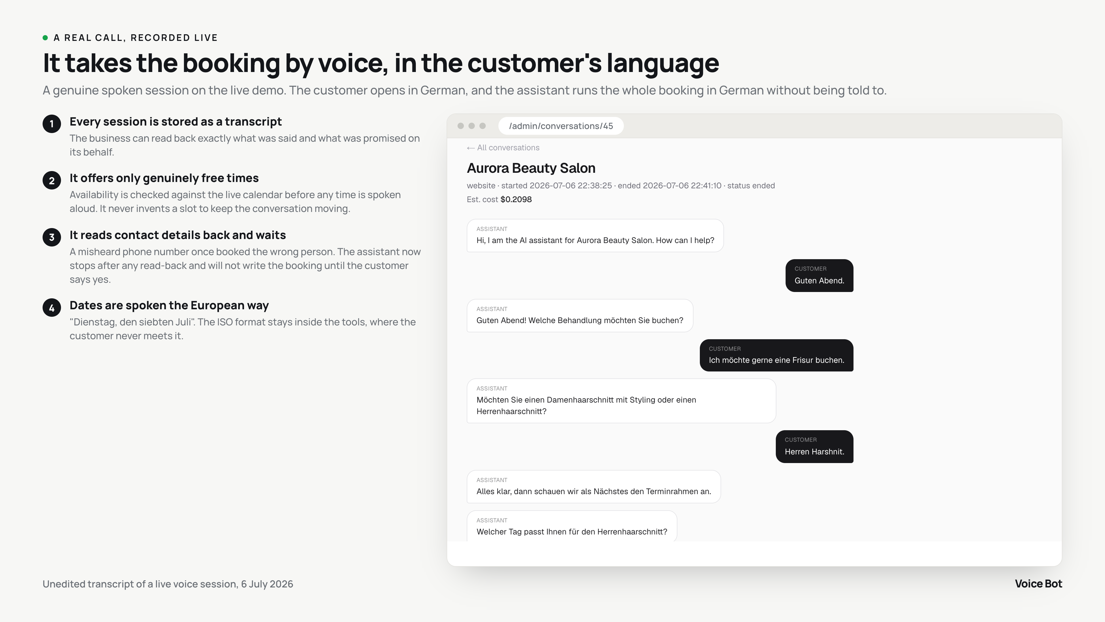 A live Voice Bot conversation in German, shown in the assistant transcript